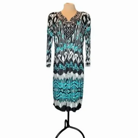 knee length dresses for ladies All-over print long sleeve midi dress  NATE CATO Luxury Clothing